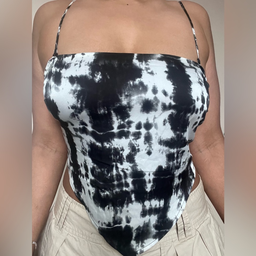 Tie Die Scarf Halter Top: Black & White Satin material